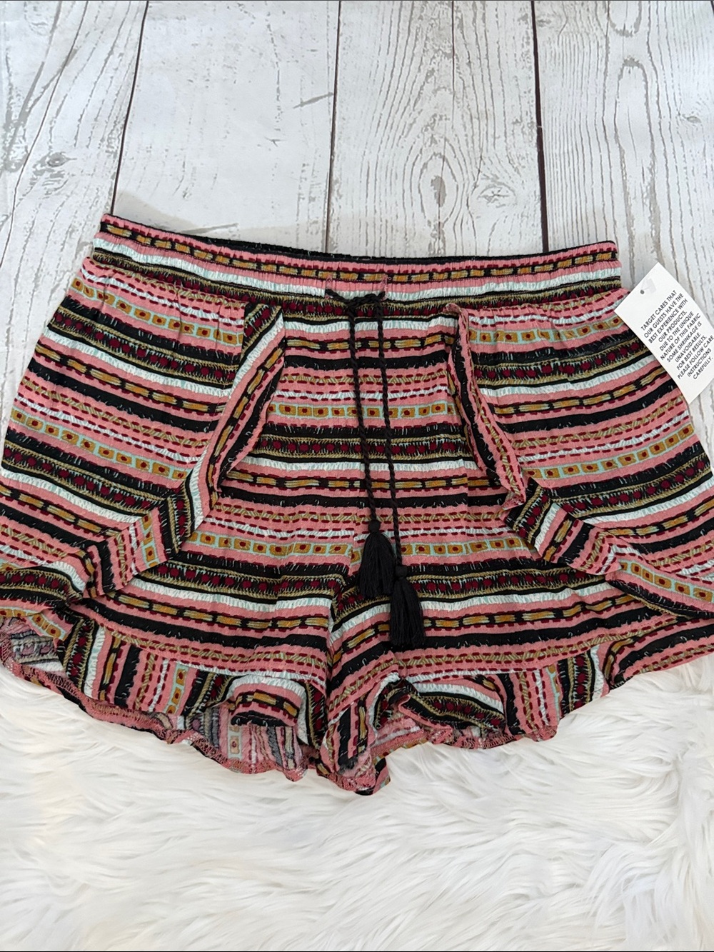 Xhilaration Pink Multi-Stripe High-Waist Drawstring Shorts with Black Tassels